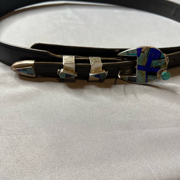 Vintage Navajo Yazzie Sterling silver turquoise & lapis belt caballo leather - Picture 3 of 16